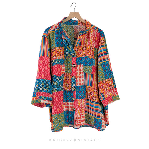 John Mark Button Up Top 2X Multicolor Patchwork Floral Pink Blue Colorful Artsy - Picture 1 of 15